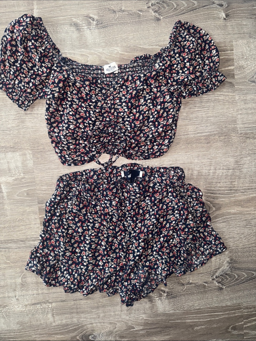 Hollister Black Floral Smocked Crop Top and Shorts